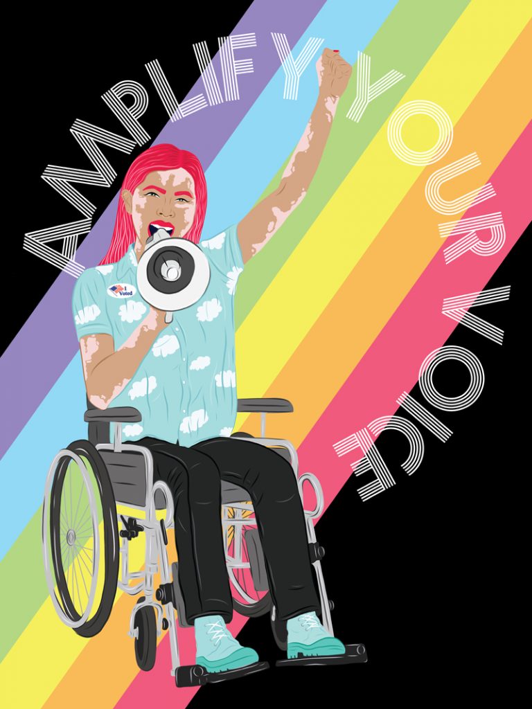 illustration of a girl with pink hair and vitiligo in a wheelchair with text: amplify your voice