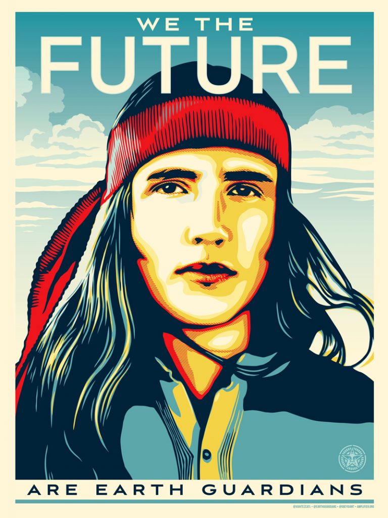 illustration of Xiuhtezcatl, a young Native American activist with text: we the future are earth guardians